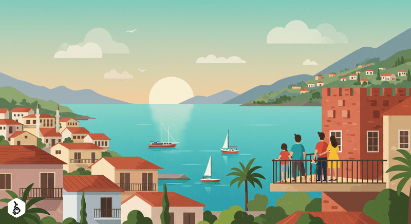 Minimalist coastal town illustration with family on balcony, Alanya-inspired.