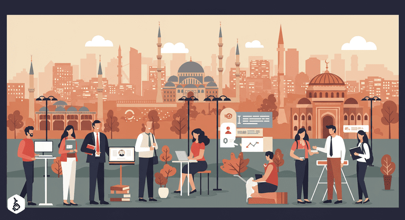 Ankara cityscape with diverse figures studying, working, and networking.