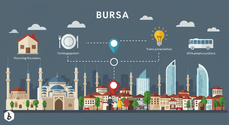 Stylized Bursa cityscape with icons representing family affordability.
