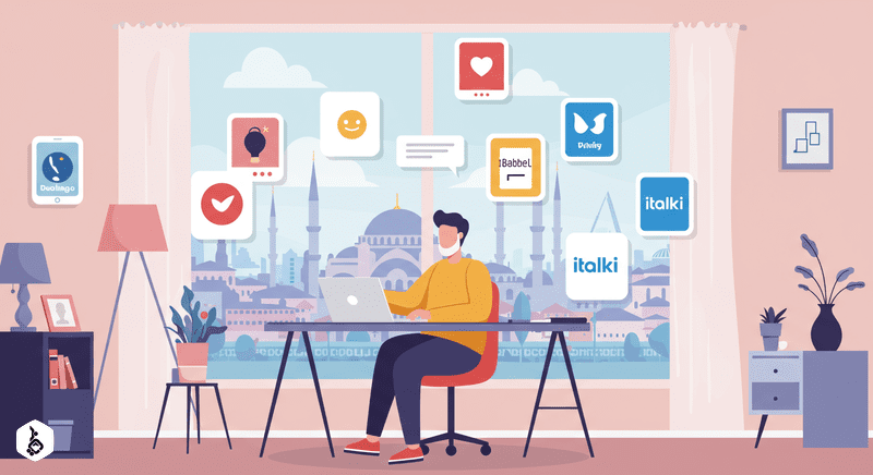 Digital nomad in minimalist apartment learning languages online, Istanbul cityscape view.