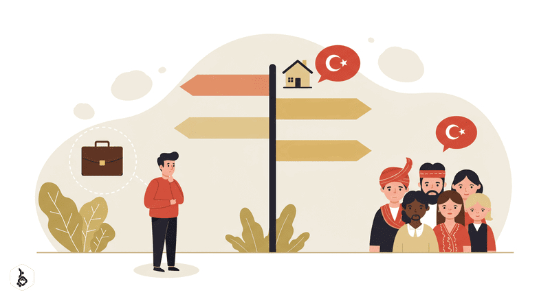 Person at crossroads sign facing work, housing, language, and culture challenges.