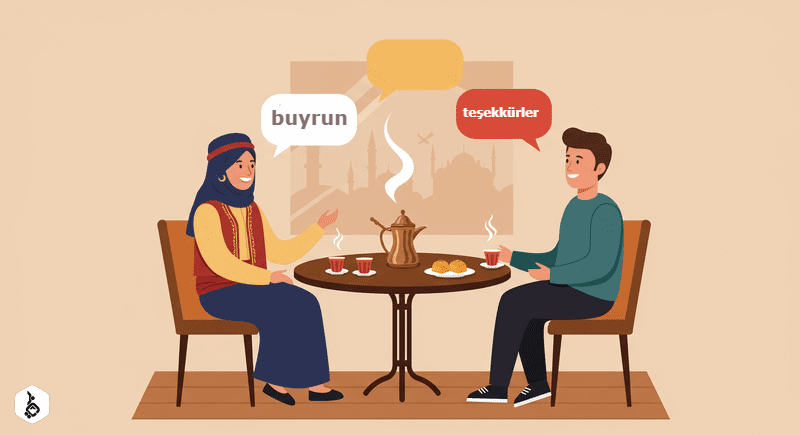 Two people chatting in a cozy Istanbul cafe with coffee and baklava.