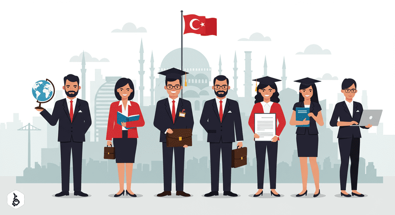 Diverse group in Istanbul cityscape, representing career opportunities in Turkey.