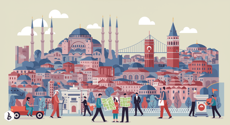 Stylized Istanbul cityscape with landmarks and diverse figures in flat design.