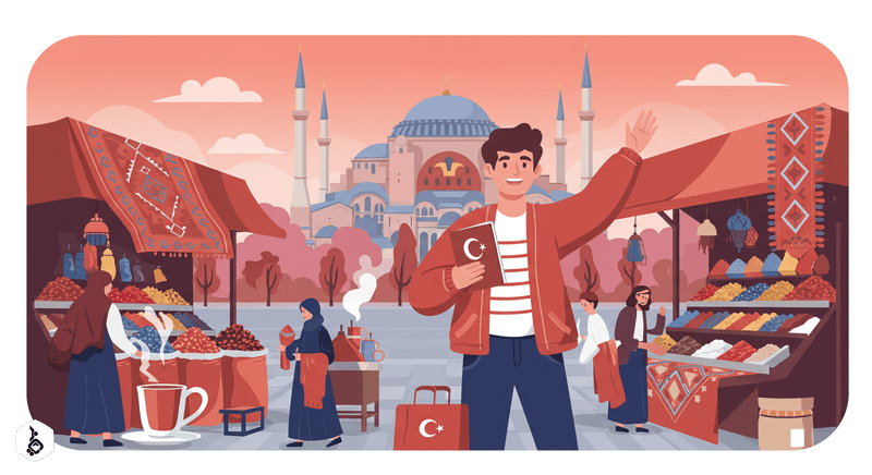 Young adult in Istanbul marketplace, Hagia Sophia in background.