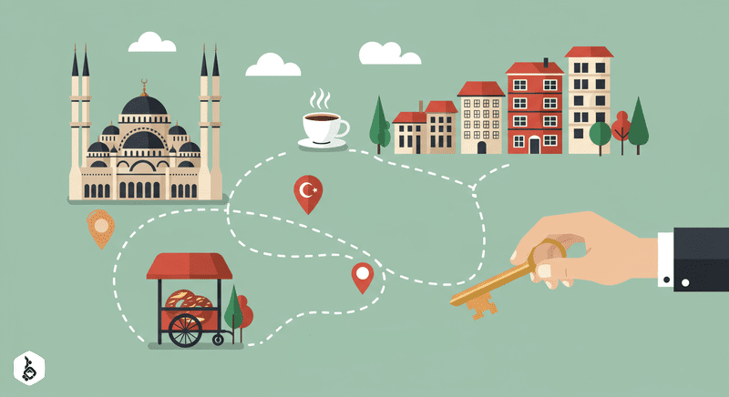Stylized Istanbul map with landmarks, key, and hand offering residency.