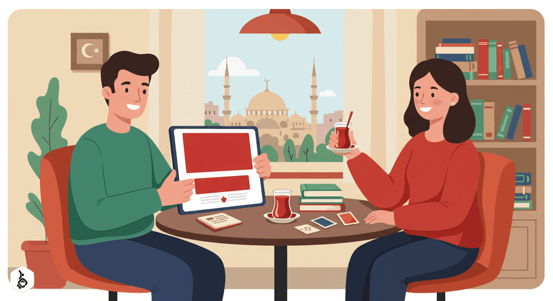 Couple in cafe learning Turkish with app and tea.