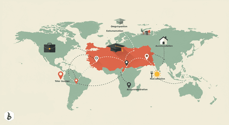 Turkey map with icons representing life aspects, connected to cities.