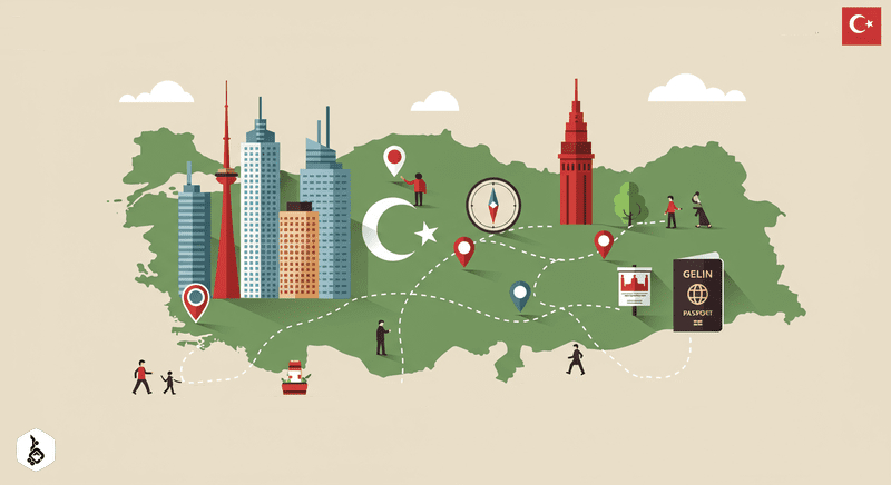 Stylized map of Turkey showcasing economic growth, location, culture, and immigration.