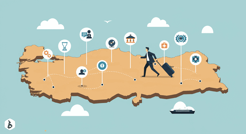 Stylized map of Turkey with industry icons and a traveler.