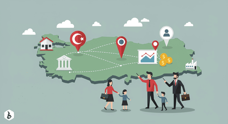 Family guided by lawyer towards Turkey map with investment icons.