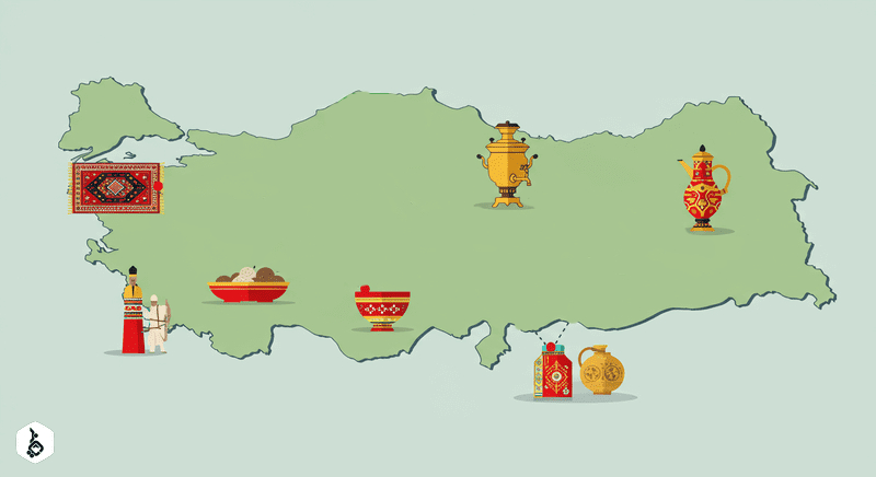 Map of Turkey with cities linked to Iranian cultural icons.