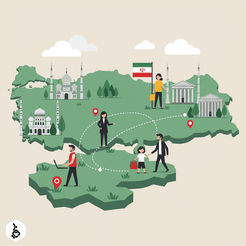 Stylized map of Turkey with Iranian family exploring opportunities.