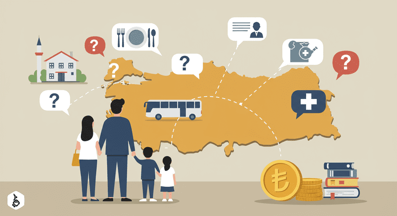 Family considers living costs in Turkey, symbolized by icons on a map.