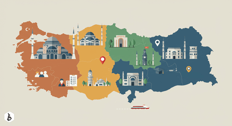 Stylized map of Turkey with landmarks and icons for five major cities.