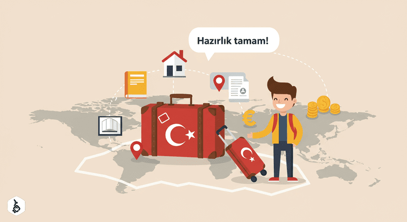 Suitcase with Turkish flag on world map, migration icons, and smiling figure.