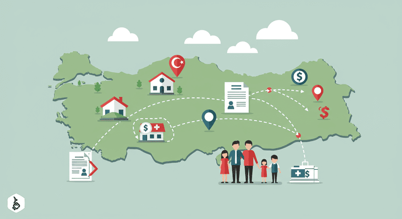Stylized map of Turkey showing residency process for a family.