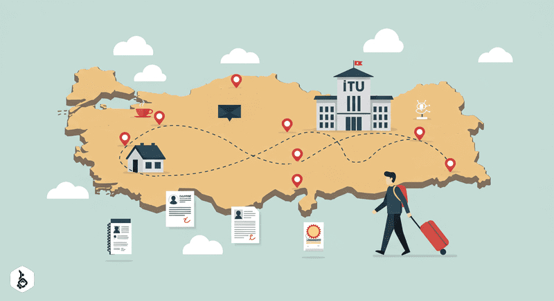 Stylized map of Turkey with student walking towards ITU university.