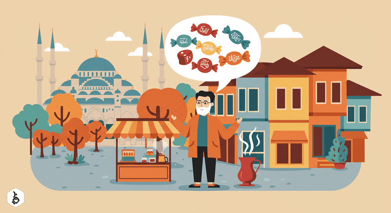 Stylized character in Turkish street scene with mosque, cafe, and Turkish Delight.