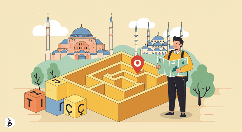 Friendly guide with map stands before Turkish alphabet maze.