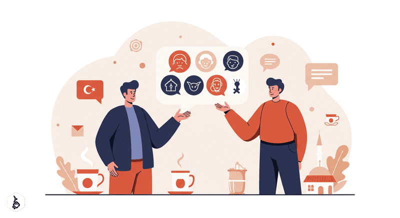 Teacher and learner converse with Turkish idioms in a modern, flat design.