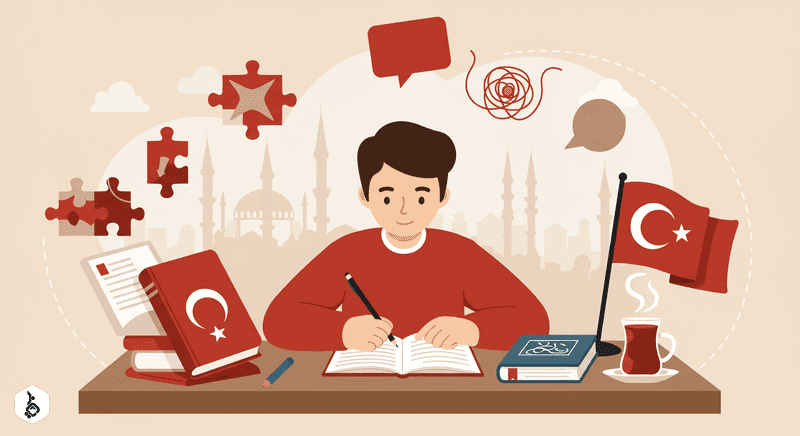 Learning Turkish: Character at desk with Istanbul cityscape background.