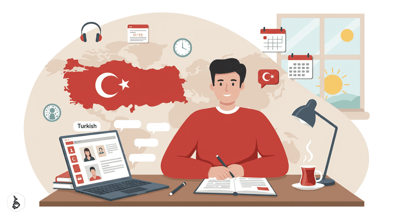 Person learning Turkish with language materials and map of Turkey.