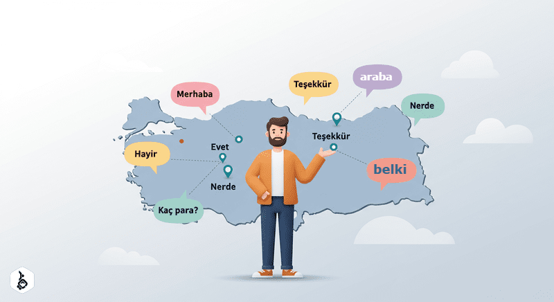 Friendly character stands before Turkey map with floating Turkish words.
