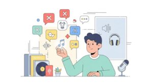 illustration of a person selecting glowing musical notes and language symbols in a cozy, pastel-colored studio, with musical elements like headphones and a microphone.