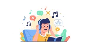 A minimalistic flat design illustration of a joyful person listening to music through headphones, surrounded by vibrant musical notes and abstract language symbols in a cozy, pastel-colored environment.