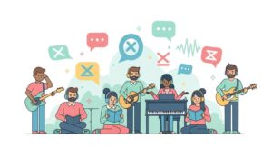 vibrant flat design illustration of a diverse group of people enjoying music with headphones and instruments, surrounded by colorful language symbols in a cheerful, pastel-colored setting.