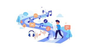 minimalistic flat design illustration of a person navigating a colorful roadmap of musical notes and language symbols, set in a vibrant, pastel-colored landscape with musical elements.