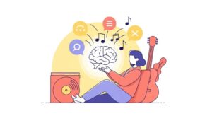A modern flat design illustration of a person holding a glowing brain-shaped object with musical notes and language symbols, set in a warm, pastel-colored environment with musical elements.